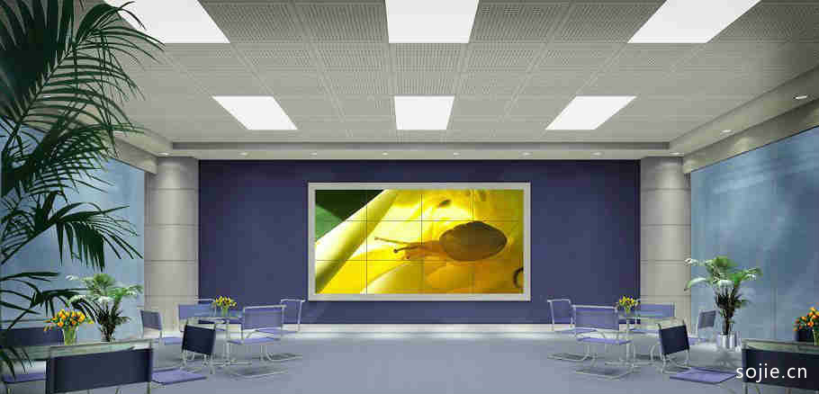 4款监控室大屏幕拼接电视墙装修效果图 三星55寸超窄边液晶拼接屏电视墙设计图