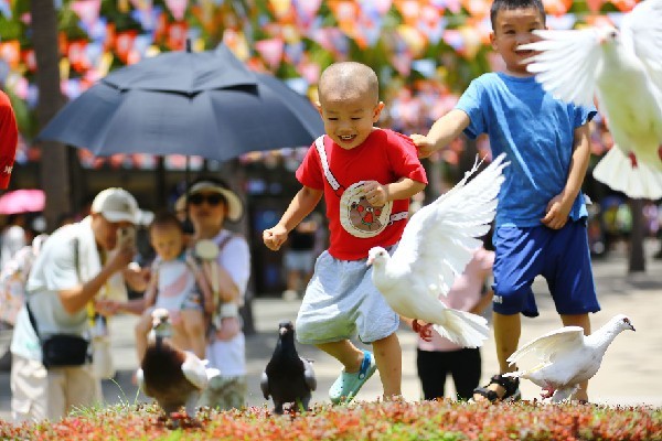 8月5日，小朋友在海南省三亚市南山文化旅游区游玩。发